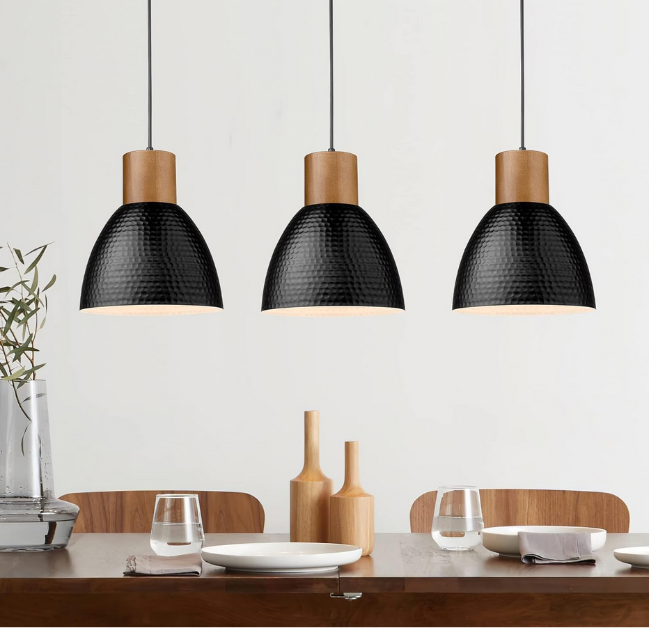 Hammered Metal with Wood Pendant Lights for Dining Room Light Fixtures