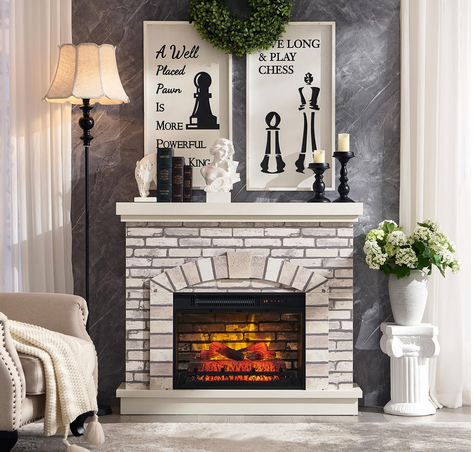 Grey Brick Electric Fireplace with Mantel