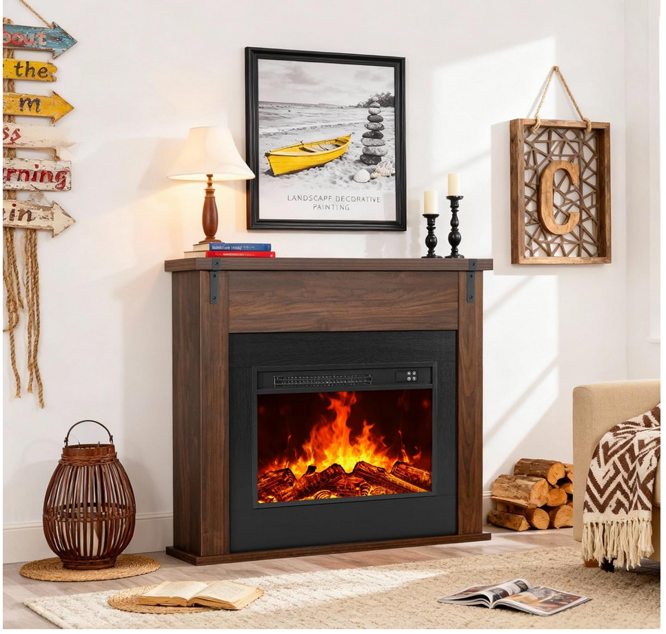 Rustic Wood Electric Fireplace with Mantel