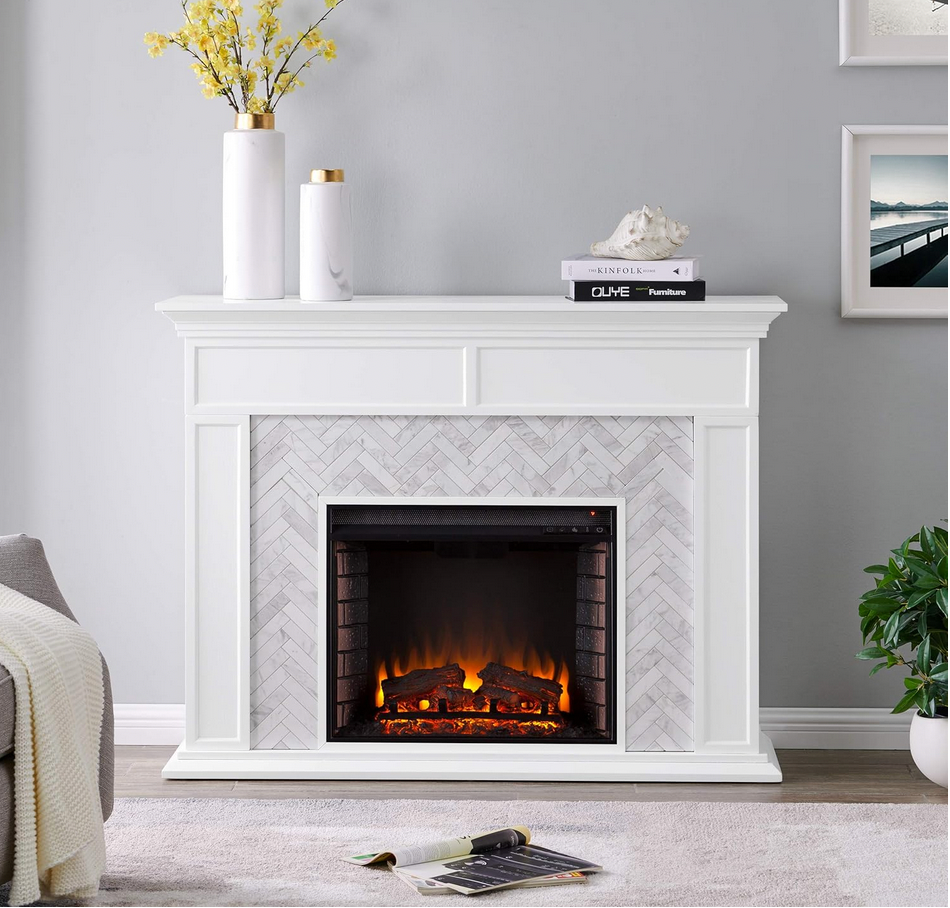 Tiled Electric Fireplace with Mantel